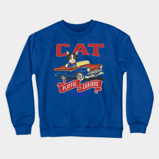 Funny cute kitty cat in a classic retro vintage car with red white and blue flags Crewneck Sweatshirt by Danny Gordon Art